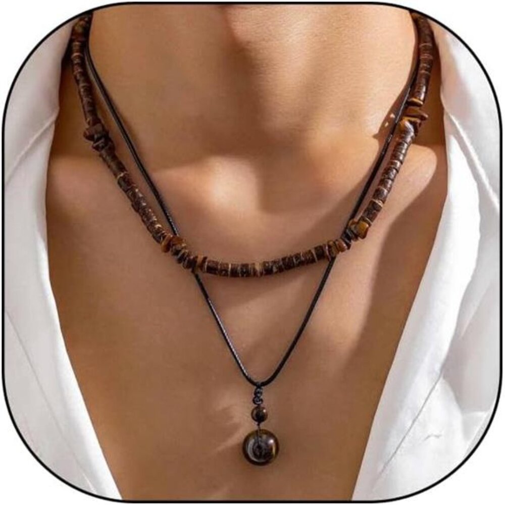 Layered Boho Necklaces For Men Stackable Wooden B… - image 8